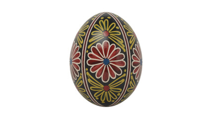 Vibrantly decorated Easter egg, likely Pysanka, showcasing intricate floral and geometric patterns in red, yellow, blue on dark base. background removed