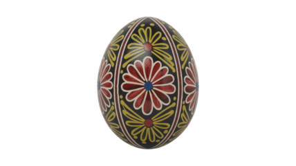 Vibrantly decorated Easter egg, likely Pysanka, showcasing intricate floral and geometric patterns in red, yellow, blue on dark base. background removed