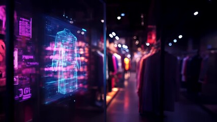 Holiday shopping season. Retail business promotion concept. futuristic clothing store with neon lights and holographic interface. - Powered by Adobe