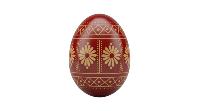 A beautifully decorated red Easter egg featuring intricate golden floral and geometric patterns, symbolizing tradition and spring celebration. background removed