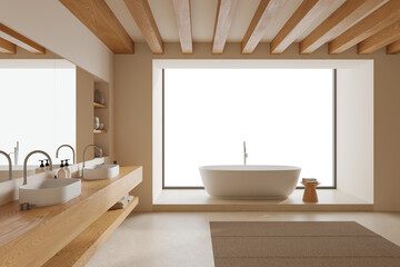 Elegant modern bathroom interior with freestanding bathtub, double sinks, and wooden ceiling beams, placed in front of a large isolated white background. 3D Rendering