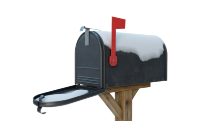 A traditional black mailbox with its door open and a red flag raised, covered in a layer of fresh winter snow. background removed