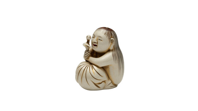 This image features a traditional Japanese netsuke, a carved ivory figure of a jovial character holding a small serpent. background removed