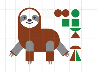 Stylized cartoon sloth composed of geometric shapes on a grid