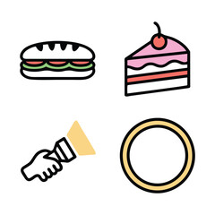 Food and Kitchen Tools Icon Set: Sandwich, Cake Slice, Scraper, and Plate/Ring