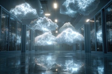 Modern data center visualized with glowing clouds floating above server racks and a glossy floor