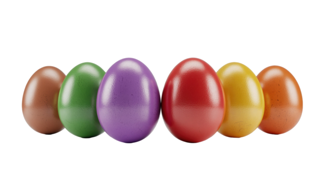 Six vividly colored eggs in a single line, including brown, green, purple, red, yellow, and orange. background removed - Powered by Adobe