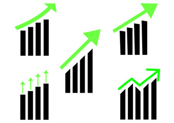 Stylized bar graph set with upward green arrows showing growth, success, and positive trends in black and white minimalist business data illustration