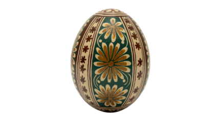 Beautifully decorated Pysanka egg, showcasing intricate floral and geometric patterns in green, brown, and gold on a cream background. A traditional art piece. background removed