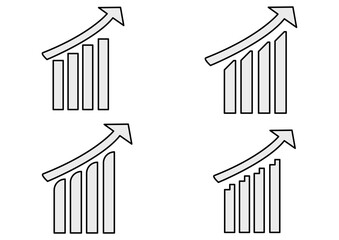 Black And White Stylized bar chart set with upward arrows showing growth and progress in varied minimalist designs for business, finance, and data visualization