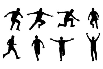 Set of male silhouettes in various action poses, a vector collection of men running, jumping, leaping, and celebrating with arms raised