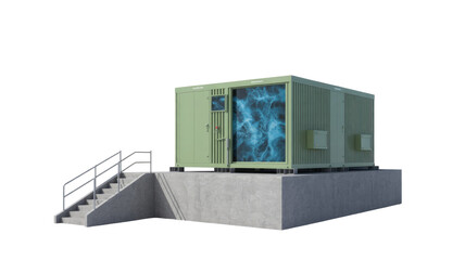 A green modular container with a luminous blue energy display, set on a concrete platform with stairs, depicting advanced power or data infrastructure. background removed