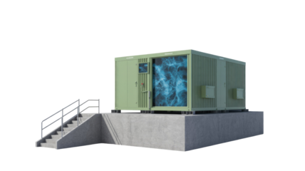A green modular container with a luminous blue energy display, set on a concrete platform with stairs, depicting advanced power or data infrastructure. background removed