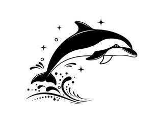 Elegant black and white dolphin jumping out of the water with splashes and stars, a beautiful graphic vector illustration for logos and emblems