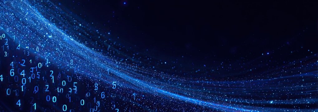A digital wave of blue light composed of flowing particles and numeric digits against a dark background
