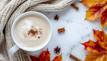 Autumn Hot Beverages Flat Lay with Cinnamon and Fall Elements — Cozy Seasonal Drink Photography