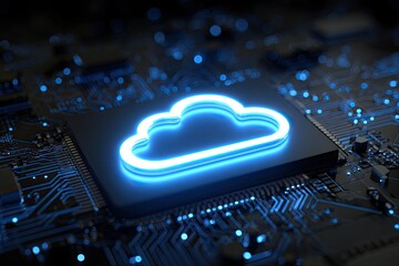 Glowing cloud symbol superimposed on a computer circuit board, representing data storage