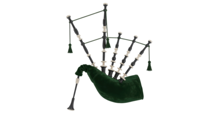 A classic set of traditional Scottish bagpipes featuring a dark green velvet bag, black drones, and decorative white accents. background removed