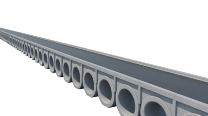 A long, straight concrete road or path elevated by repeating circular supports, stretching into the distance against a solid transparent background. background removed