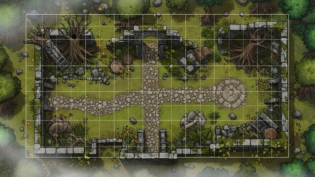 Explore the overgrown ruins battle map with a grid overlay