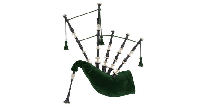 A classic set of traditional Scottish bagpipes featuring a dark green velvet bag, black drones, and decorative white accents. background removed