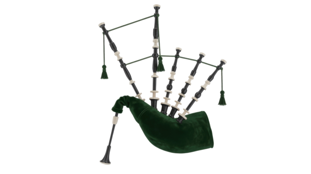 A classic set of traditional Scottish bagpipes featuring a dark green velvet bag, black drones, and decorative white accents. background removed - Powered by Adobe