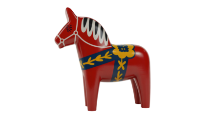 A traditional Swedish Dala horse, a red wooden figurine with intricate blue, yellow, and white folk art patterns, against a solid background. background removed