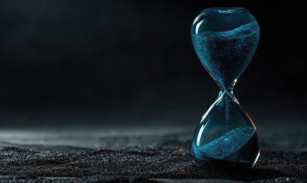 A close-up shot showing a classic hourglass with shimmering, flowing particles inside