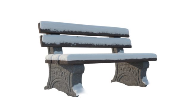 A park bench with dark wood slats and carved stone supports, completely covered in a fresh layer of white snow, on a transparent background. background removed - Powered by Adobe