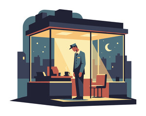 Lonely security guard on night shift in illuminated booth with city skyline