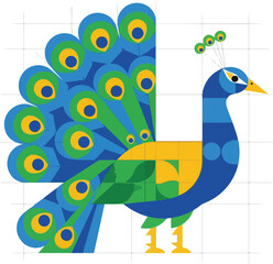 Stylized colorful peacock illustration composed of geometric shapes on a white grid