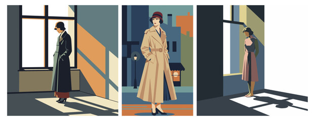 Set of elegant women in 1920s fashion walking through a stylized city street