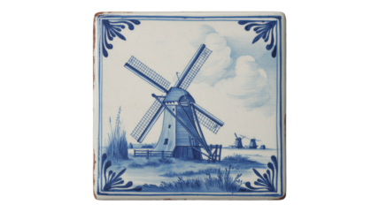 A traditional blue and white Delftware tile featuring a Dutch landscape with a prominent windmill and two distant ones under cloudy skies. background removed