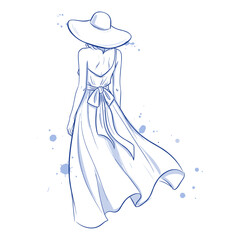 Blue line art illustration of a woman in a flowing dress and wide-brimmed hat