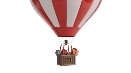 A red and white striped hot air balloon, with its basket full of colorful gift boxes, ready for festive delivery. background removed