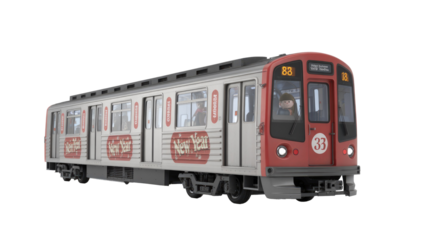 A festive red and silver model subway train, adorned with "New Year" slogans, driven by a charming doll, against a transparent background. Perfect for holiday graphics. background removed