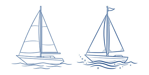 Set of blue line art illustrations of sailboats on the water