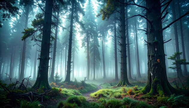 Ethereal forest view with green moss, tall trees, and fog creeping between them on the ground
