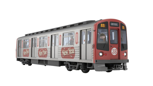 A festive red and silver model subway train, adorned with "New Year" slogans, driven by a charming doll, against a transparent background. Perfect for holiday graphics. background removed
