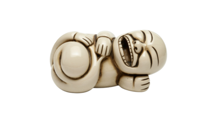 A whimsical, off-white ceramic sculpture of a gleefully laughing figure, curled up with an exaggerated wide-open mouth, radiating joy. background removed