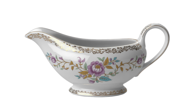 Elegant white porcelain gravy boat, adorned with intricate gold trim and beautiful purple and blue floral patterns, featuring a spout and handle. background removed - Powered by Adobe