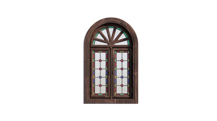 Obraz premium Beautiful arched wooden window featuring intricate stained glass panels with colorful geometric and sunburst patterns, set against a solid transparent background. background removed