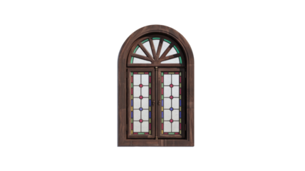 Beautiful arched wooden window featuring intricate stained glass panels with colorful geometric and sunburst patterns, set against a solid transparent background. background removed