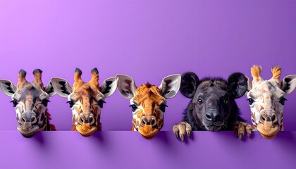 Five animals (four giraffes, one dog) peek over a violet wall, illuminated by a bright, even light source