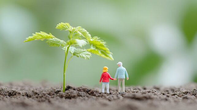 Tiny figurines of an elderly couple holding hands stand beside a young plant seedling emerging from dark soil symbolizing growth new beginnings and enduring companionship