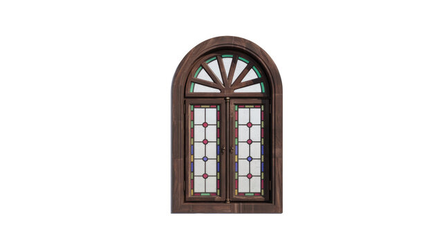 Beautiful arched wooden window featuring intricate stained glass panels with colorful geometric and sunburst patterns, set against a solid transparent background. background removed