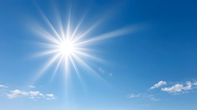 Bright luminous sunburst with sharp rays illuminating a vivid blue sky complemented by a scattering of small white clouds indicating a clear and sunny day