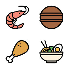 Diverse Food Icon Set: Seafood, Poultry, Container, and Asian Noodle Dish