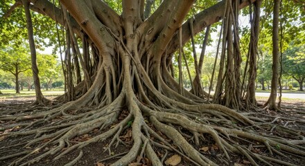 Massive banyan tree roots spread across ground