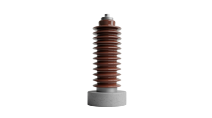 Brown ribbed high-voltage electrical insulator with a metal cap and grey concrete base, crucial for power transmission and electrical safety. background removed